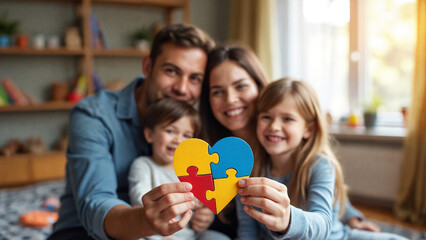 Família, Pai e Mãe com um casal de filhos abraçados e segurando um coração.
