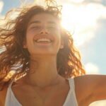 Moça jovem celebrando a vida com gratidão ao ar livre.