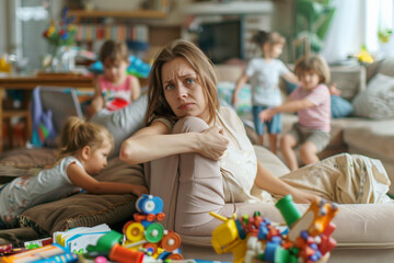 Uma família, crianças brincando e fazendo bagunça na sala e a mãe com olhar cansado.