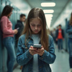 Imagem de uma jovem menina na escola vendo seu celular e outras jovens ao fundo também segurando seus celulares.