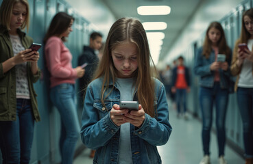 Imagem de uma jovem menina na escola vendo seu celular e outras jovens ao fundo também segurando seus celulares.