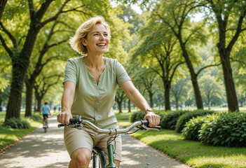 Mulher, saudável, sorrindo, pedalando sua bicicleta.