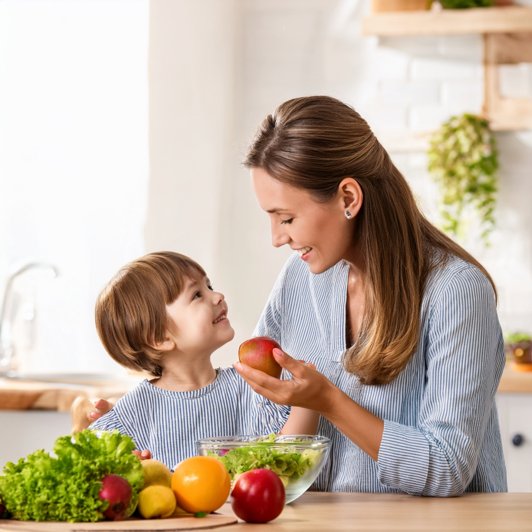 Imagem de uma mãe dando alimentos saudáveis ao filho, ajudando a evitar a Obesidade Infantil
